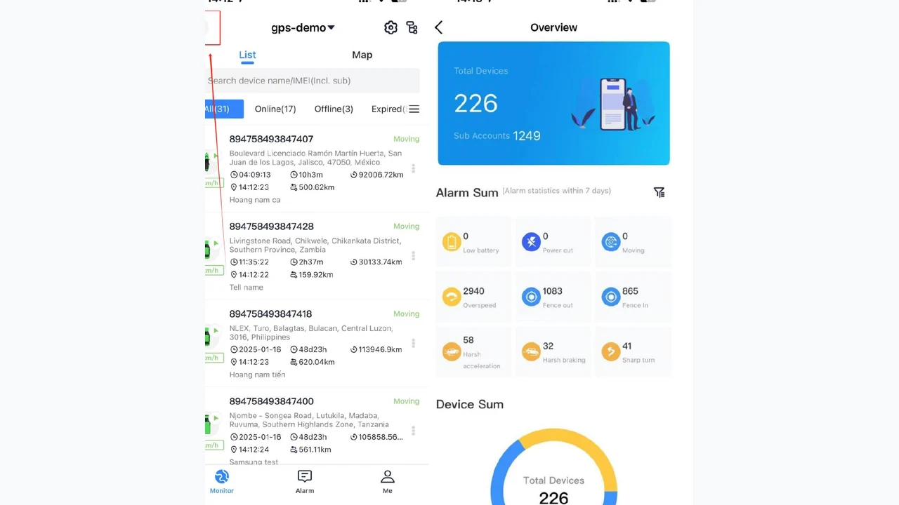 IOPGPS mobile monitoring view used to support fleet visibility workflows