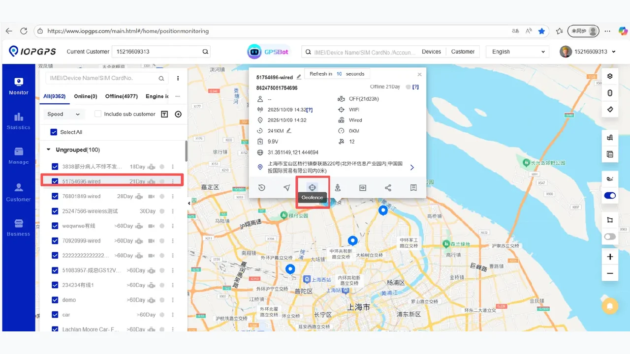 IOPGPS web platform showing map monitoring and geofence tools for theft recovery readiness